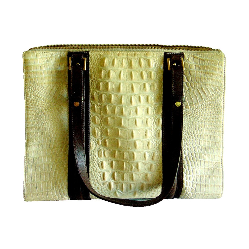 Brahmin Tote Shoulder Bag Satchel Leather Tan Oyster Croc Embossed Asher
